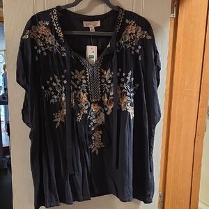 Philosophy Navy Floral Embroidered Boho Peasant Blouse